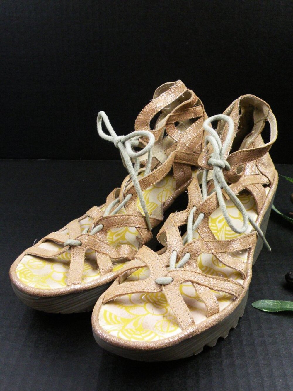 Fly London Metallic Gold Champagne Strappy Wedge Sandals 37